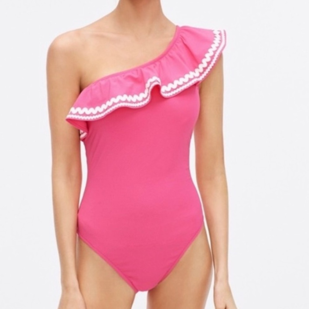 J.Crew Pink One Shoulder One Piece Swimsuit w Ruffle & Rick Rack Size 6